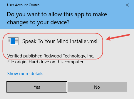 Speaktoyourmind Flashcard app Installation setup wizard user account control prompt showing verified publisher redwood technology, inc. windows 10