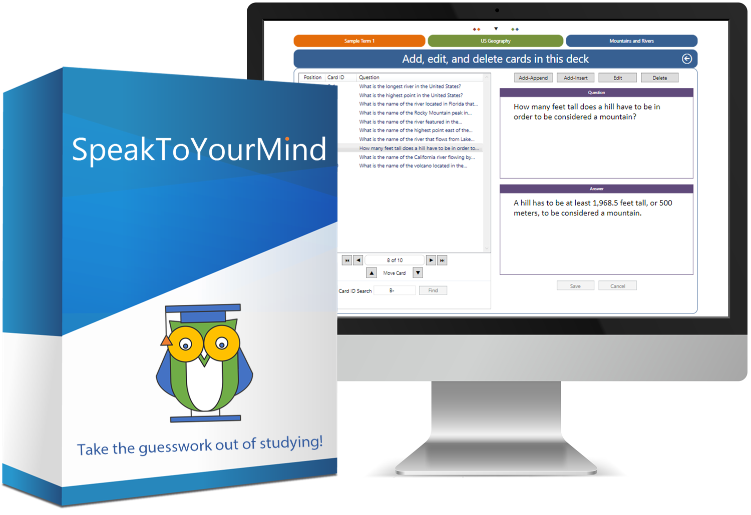 speaktoyourmind flashcard app software box and monitor showing screen for creating your own flashcards