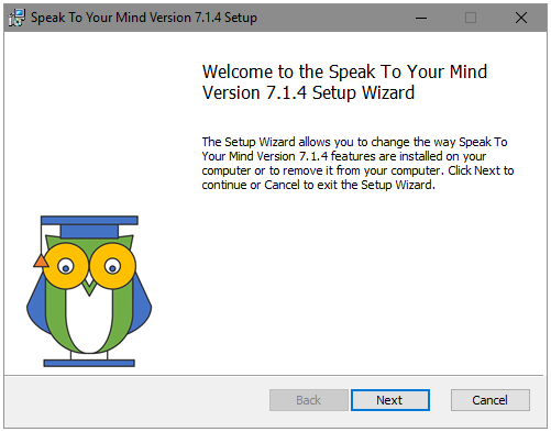 Speaktoyourmind flashcard app installation setup wizard welcome screen on Windows 10