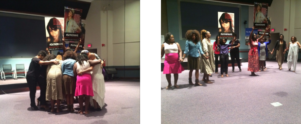 Dancers from the Breaking Silence Summer Camp hold Meagan Hockaday, Michelle Cusseaux and India Kager high above their heads and in their hearts.