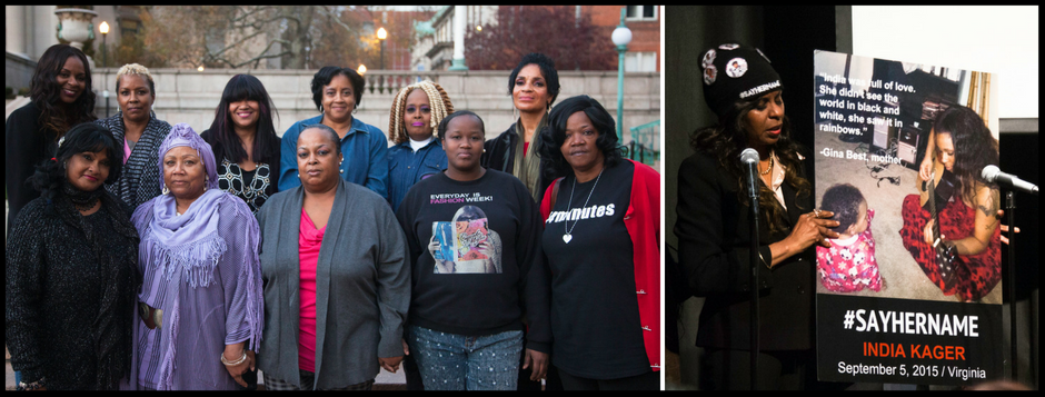 (L to R) #SayHerName Mothers, New York City, November 2016; Gina Best at #SayHerName: An Evening of Art and Action at the Nuyorican Poets Cafe, November 2016