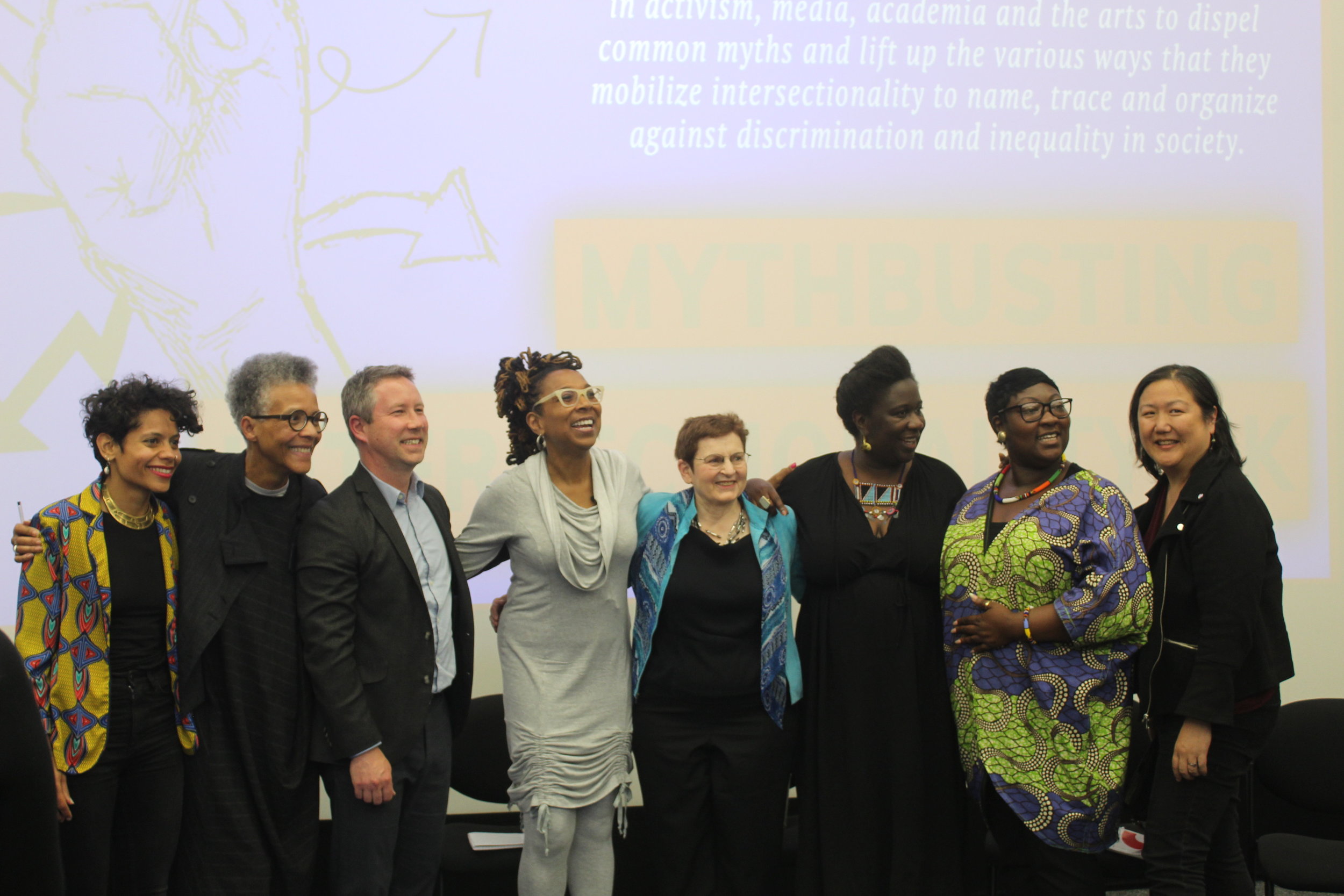 Emilia Roig, Gail Lewis, Daniel HoSang, Kimberlé Crenshaw, Barbara Tomlinson, Barby Asante, Phyll Opoku-Gyimah and Sumi Cho at Mythbusting Intersectionality UK held last week at the University of Westminster.