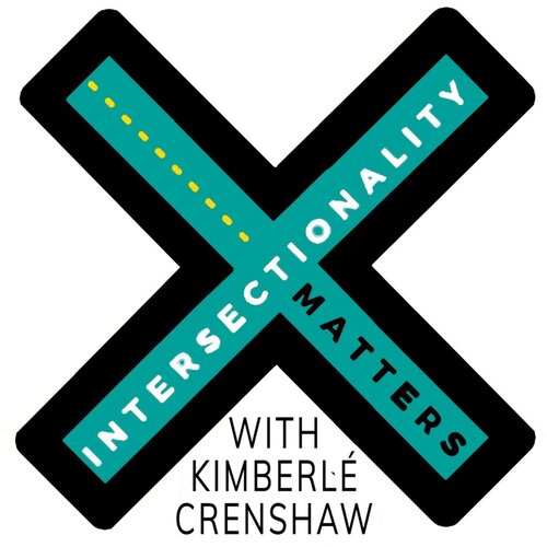 An X with a black border and filled in in solid teal. One line of the X says "INTERSECTIONALITY" in black type and the other line has a yellow dotted line and "MATTERS" in black type.