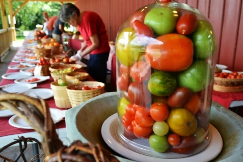 Volunteers prepare plates full of sliced tomatoes for sampling and a cloche of tomatoes graces the head table.