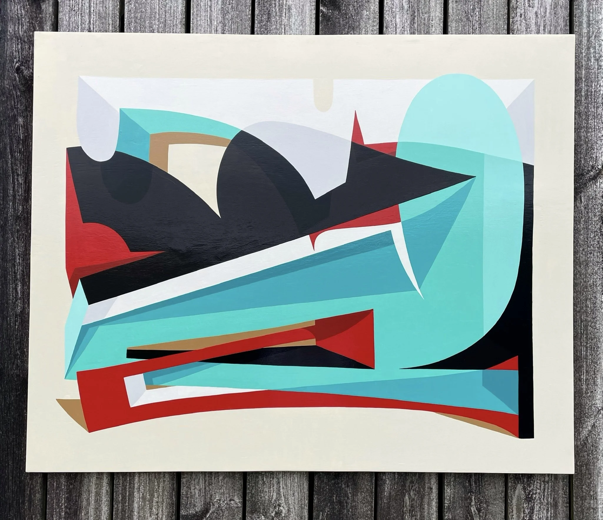 'Close to topple' Enamel painting on wooden panel. 122cm x 152cm. 2022