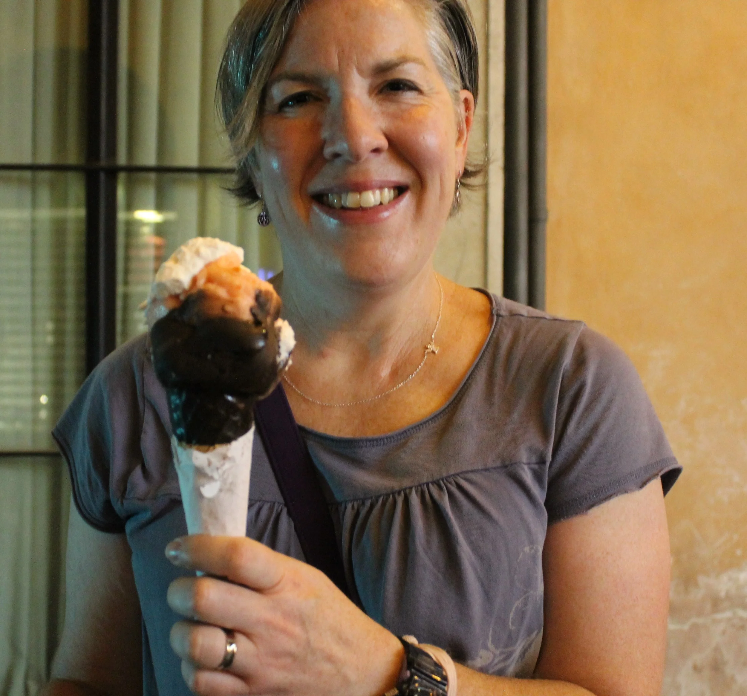 Mrs. Plagge enjoying her last gelato in Rome from Giolitti