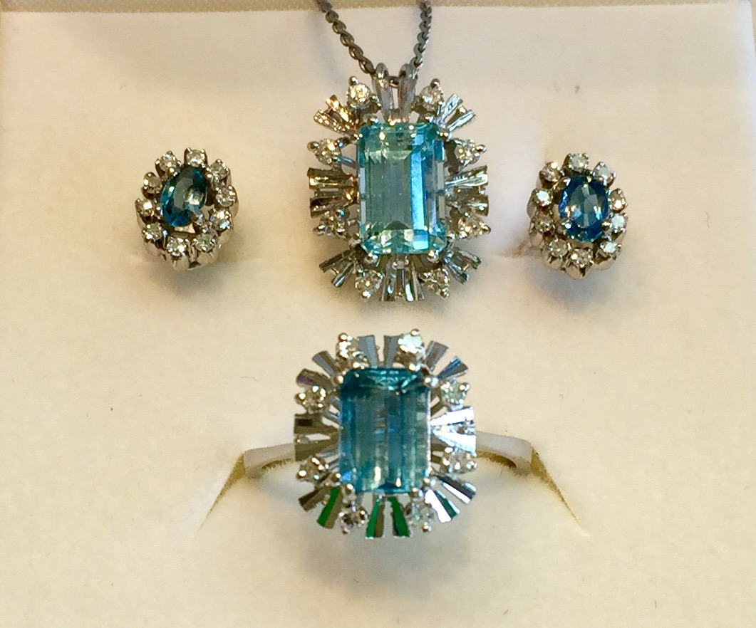 A136 & 137 USD1,595 Earrings are sold, necklace and ring still available. 18K White Gold Aquamarine and Diamond Necklace, Ring and Earrings Set. Wow, if you are an aquamarine fan (and even if you are not) you cannot but appreciate how beautiful this set is. The color of the aquamarine is super premium and rare. This set was purchased in Brazil and is in perfect condition. If you would like more information then please get in touch.