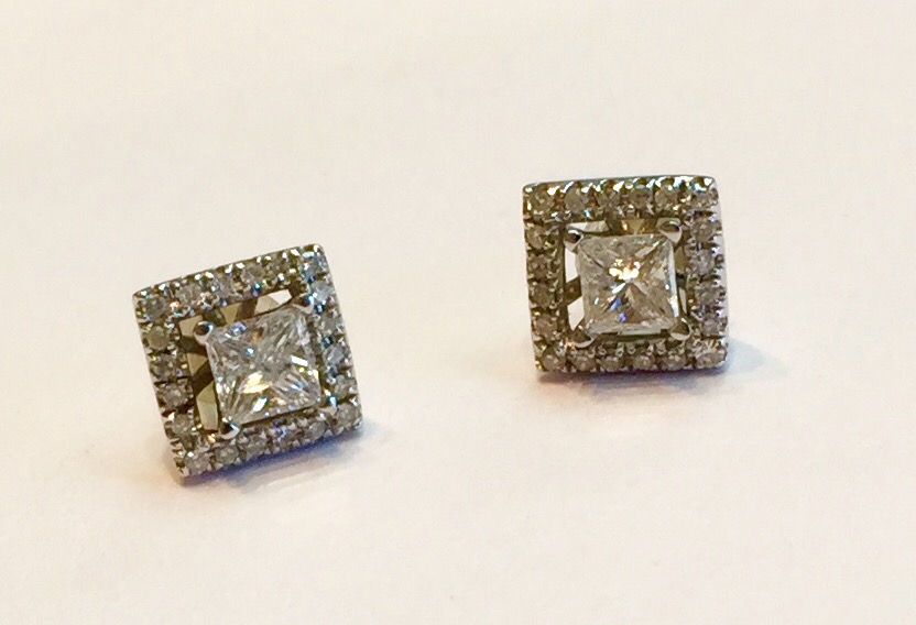 Item No. 97 USD545 Jackets sold, studs still available. 14k Stamped white Gold Diamond Earring .25 each Princess Earrings. These earrings would work well with pearls or gemstone earrings.