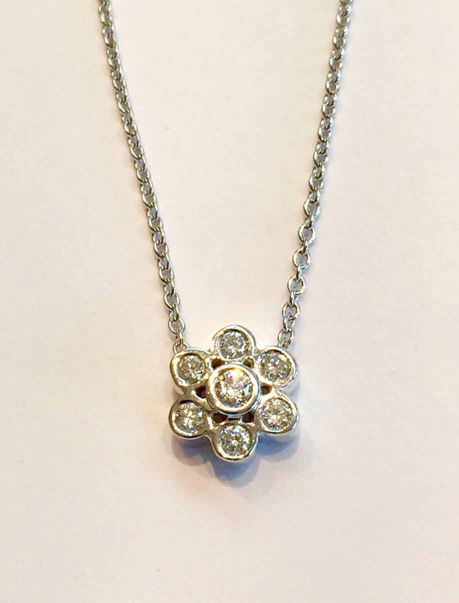 Item No. A149 USD645 14K White Gold Diamond Necklace Modern diamond pendant with approximately .5 carats of very nice white sparkling diamonds. Lovely quality piece 5.4 Grams