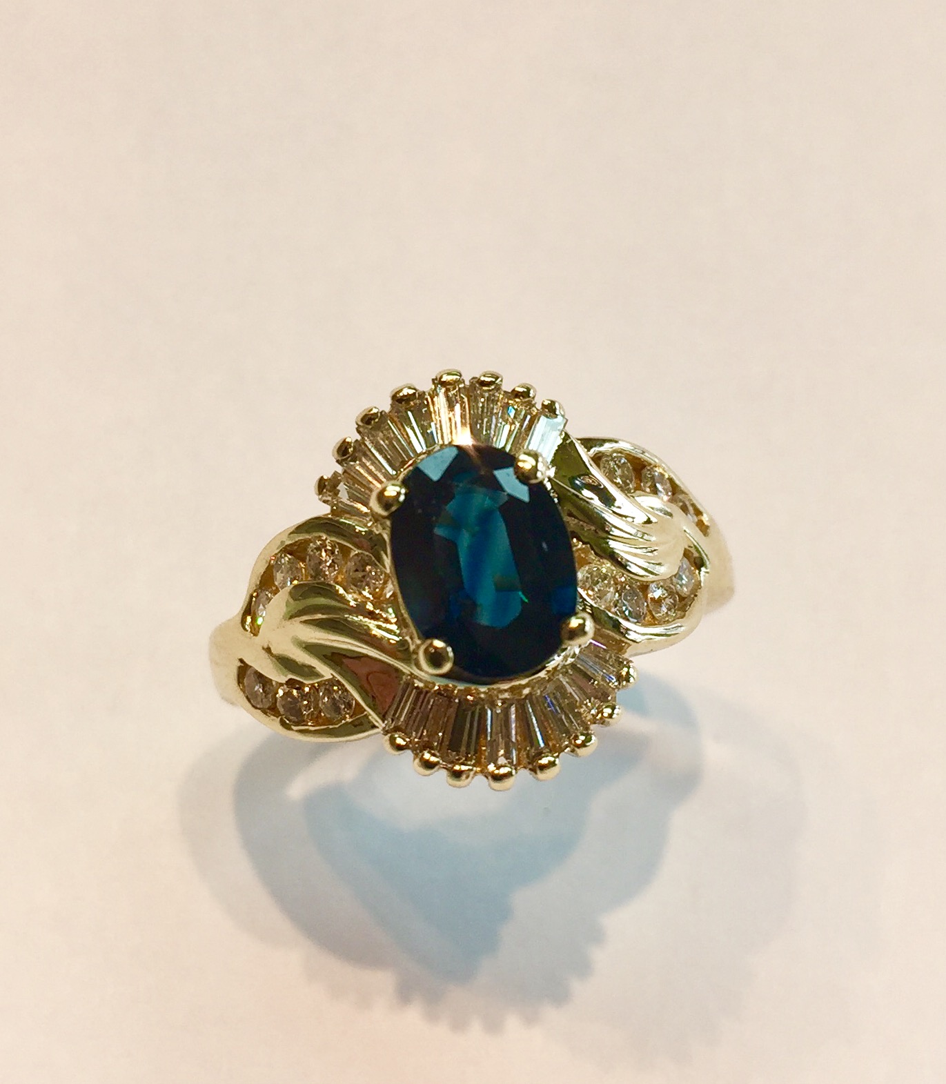 Item AB21 USD 745 14k Yellow Gold Blue Sapphire Diamond Ring A classic ring with approximately 1.55 carat of sapphire and .45 carat of sparkling white diamonds. Pristine condition. 