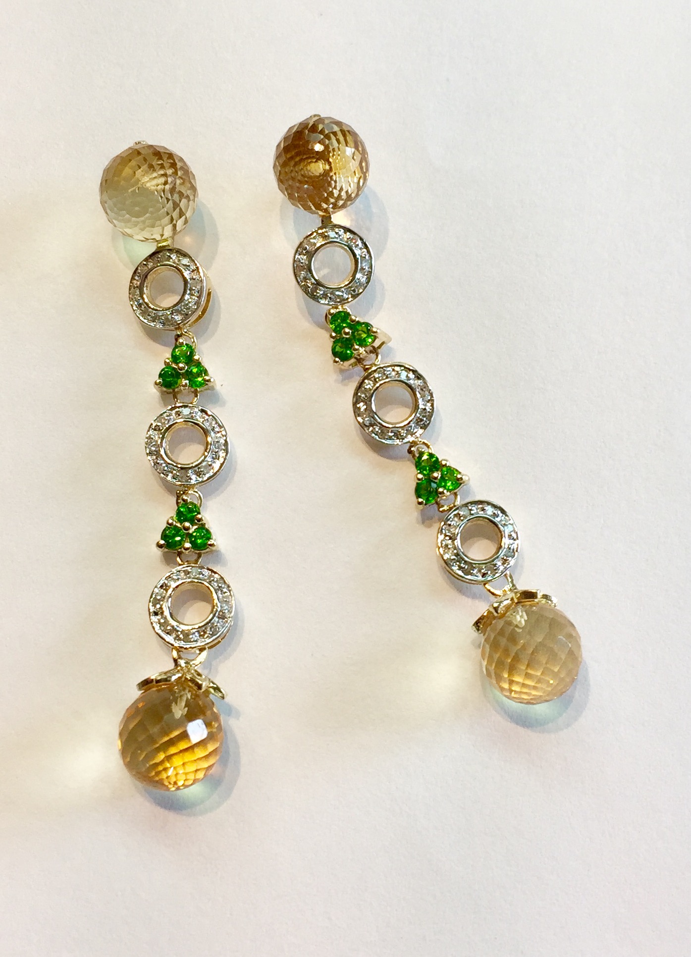 Item No USD AB55 USD445 14K Yellow Gold Diamond Citrine and Chrome Diopside Earrings Color and flair in these charming dangle earrings. 