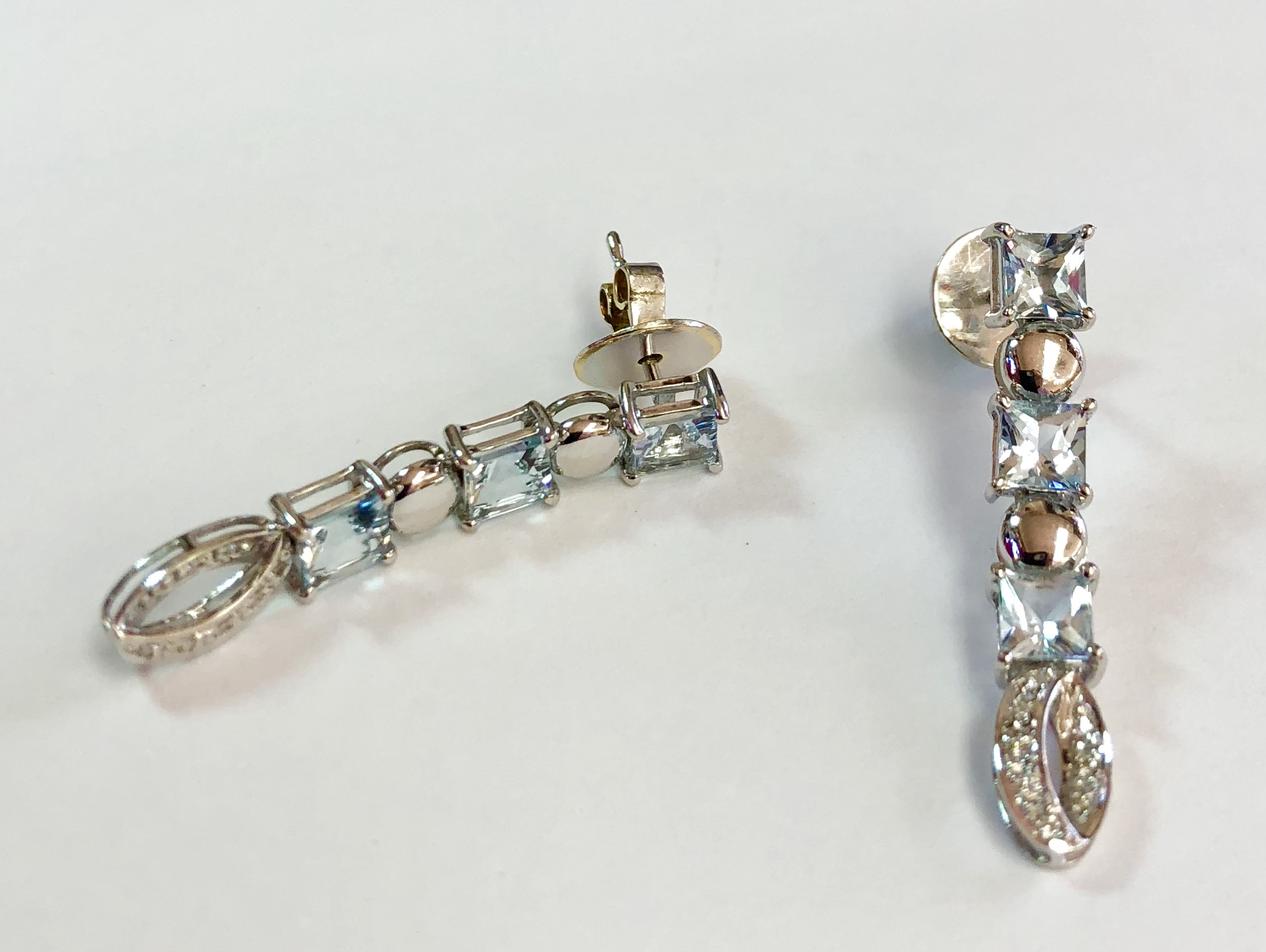 Item no. 338 & 339 USD1,145 Stamped 18k White Gold Aquamarine and Diamond Ring and Earring Set Modern designer ring and earring set made of quality gemstones. Charming, unusual and a perfect gift. Ring weighs 3.45 grams, earrings weigh 3.95