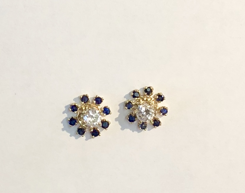 14k Yellow Gold Blue Sapphire and Diamond Jackets/Stud earrings