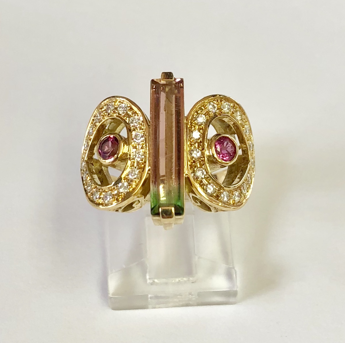 18K Yellow Gold Watermelon Tourmaline Diamond Ring
