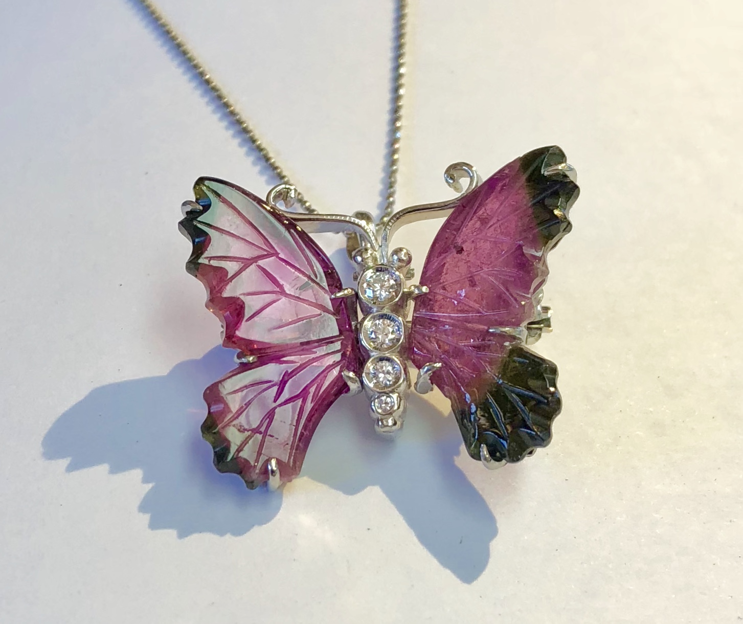 Platinum Tourmaline (Watermelon) Diamond Butterfly Pendant and Brooch