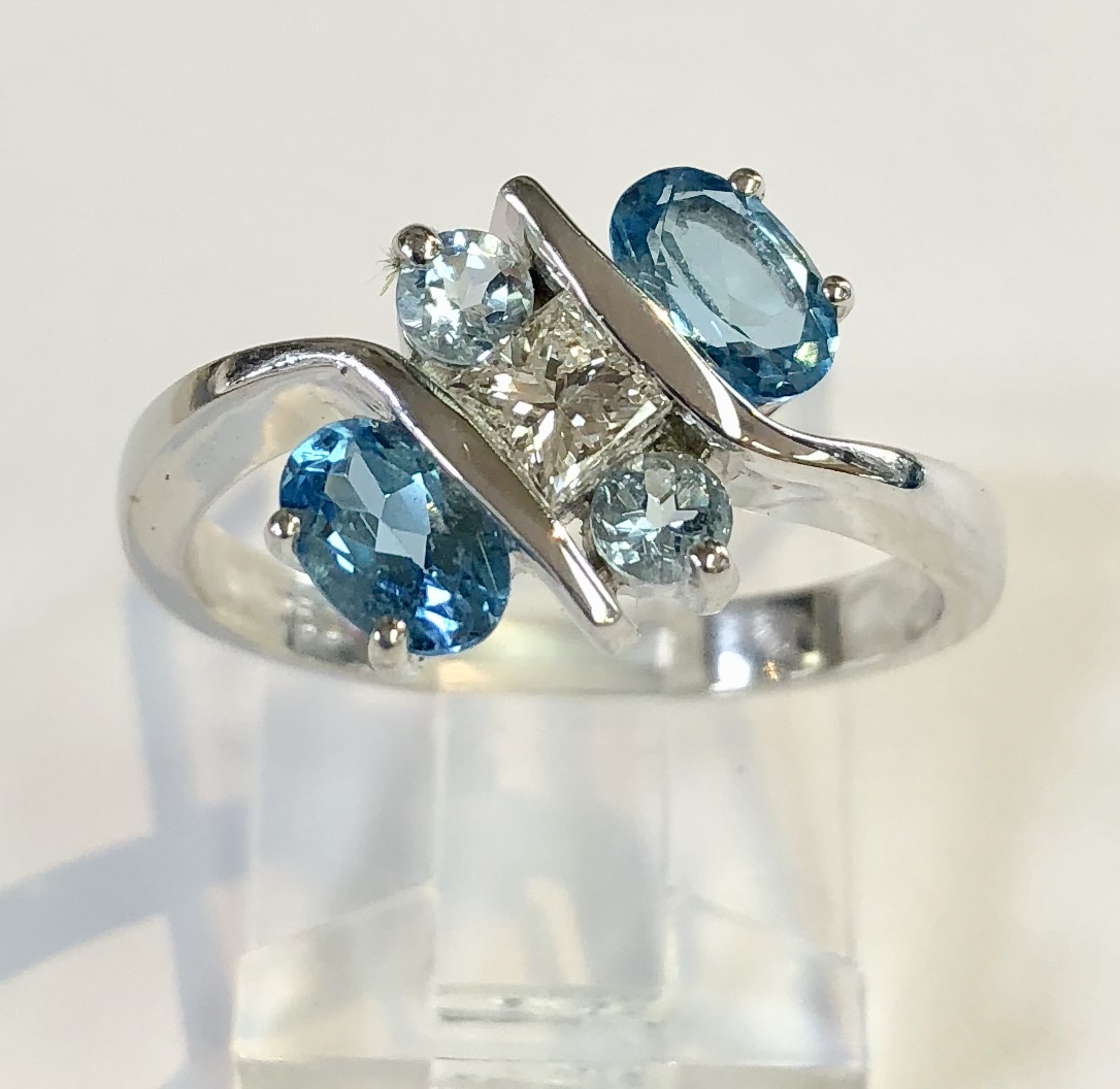 18K White Gold Topaz, Aquamarine & Diamond Ring