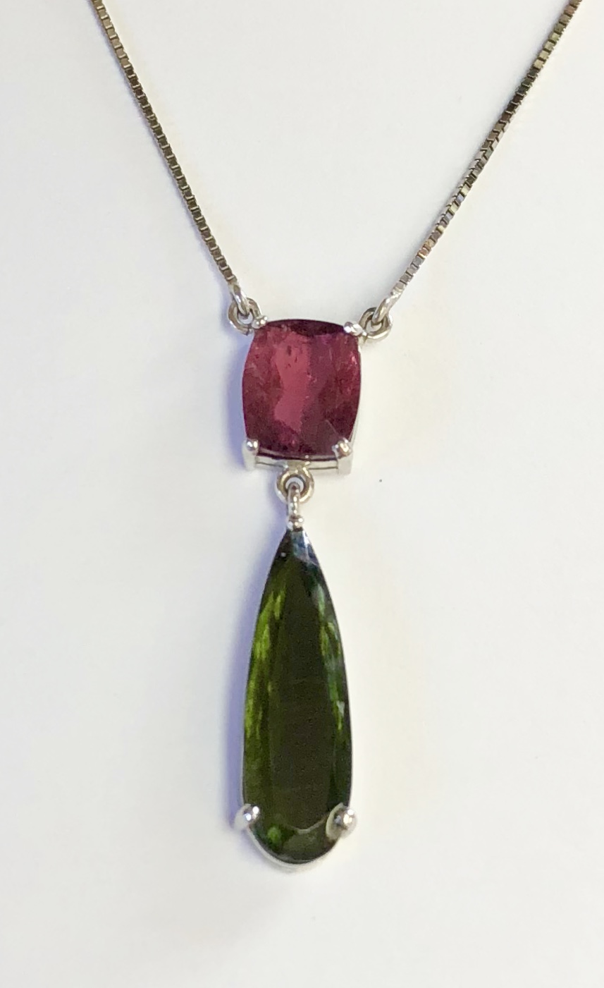 18K White Gold Pink & Green Tourmaline Necklace