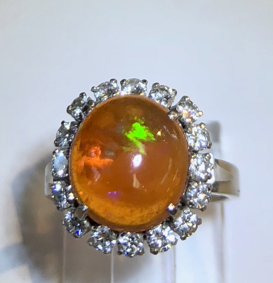 Platinum "Mexican" Fire Opal Diamond Ring