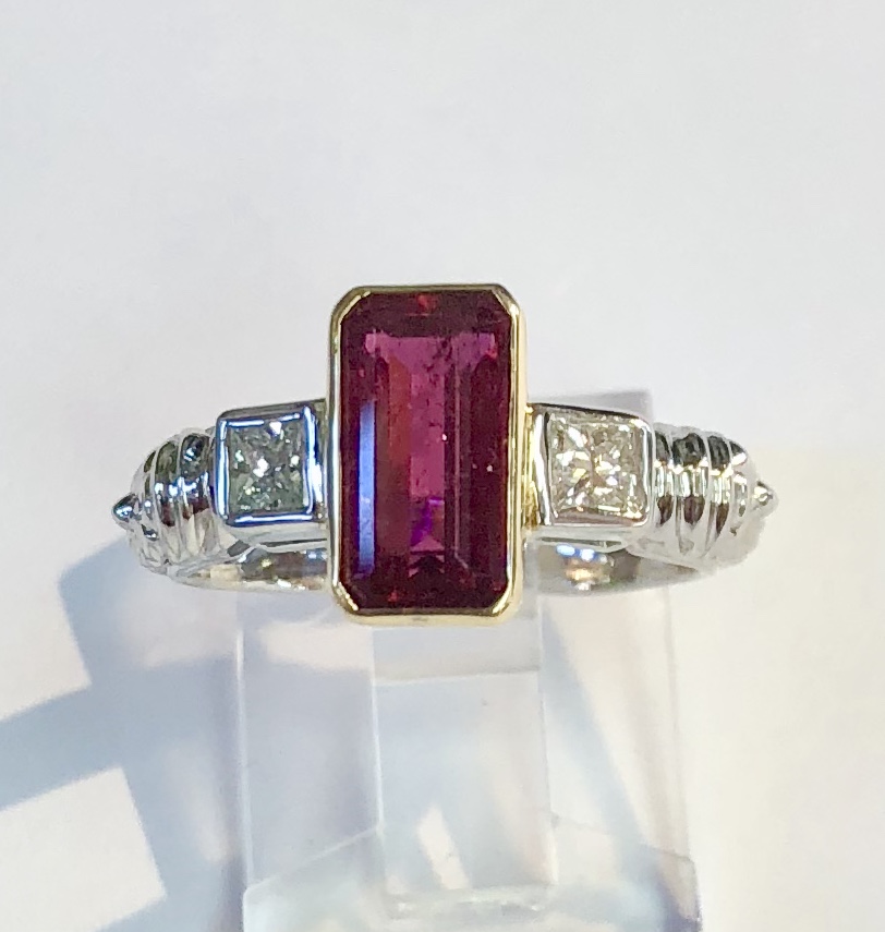 Platinum/Yellow Gold "Rubellite" Tourmaline Diamond Ring