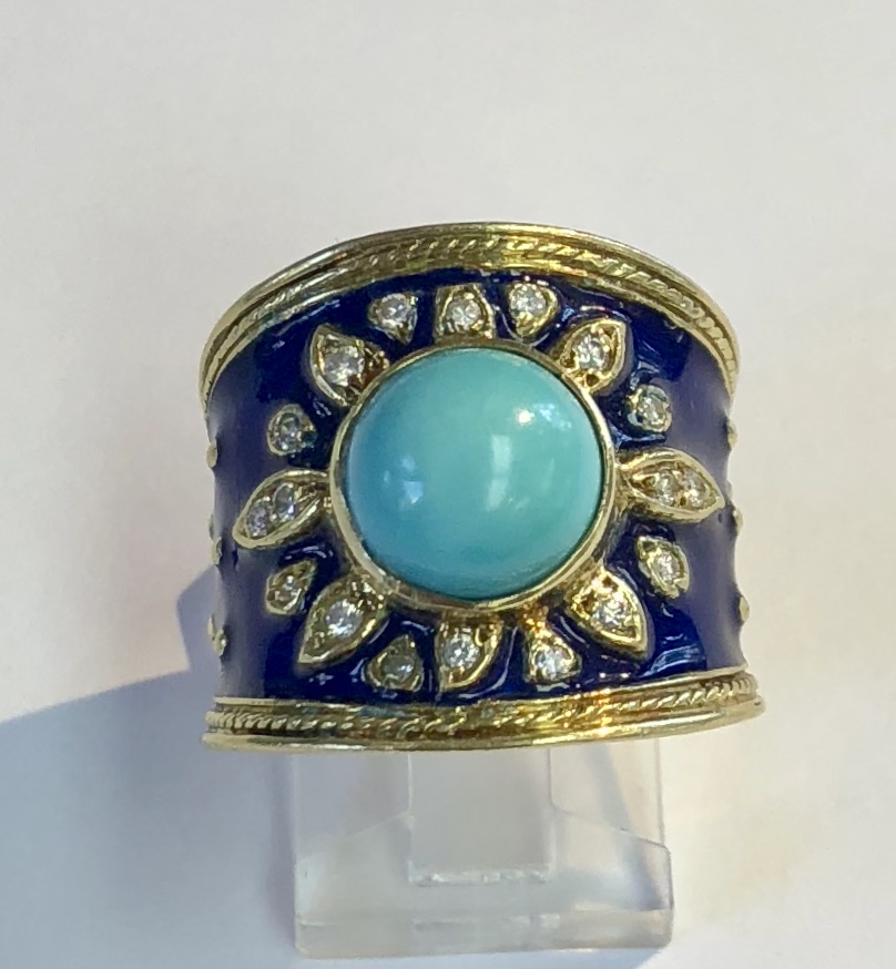 18K Yellow Gold Turquoise, Enamel & Diamond Ring