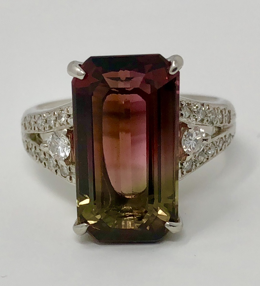 Platinum "Watermelon/Bi Color" Tourmaline & Diamond Ring