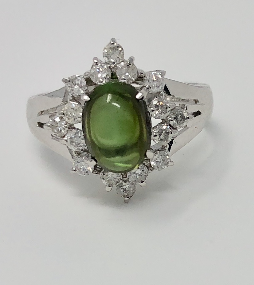 14k White Gold Green Tourmaline Diamond Ring