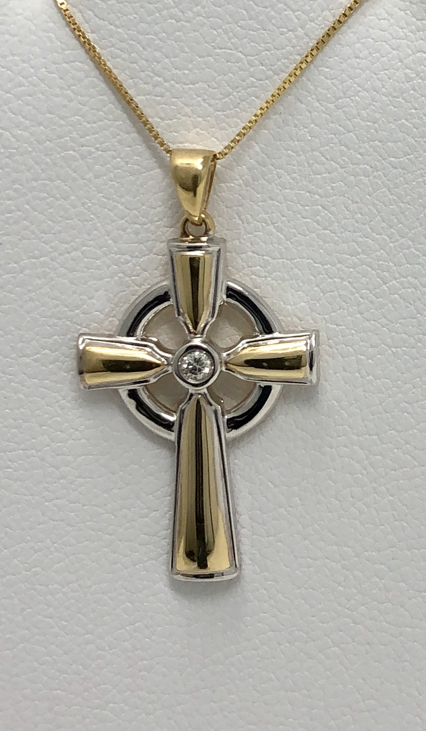 14K White and Yellow Gold Diamond Cross Necklace
