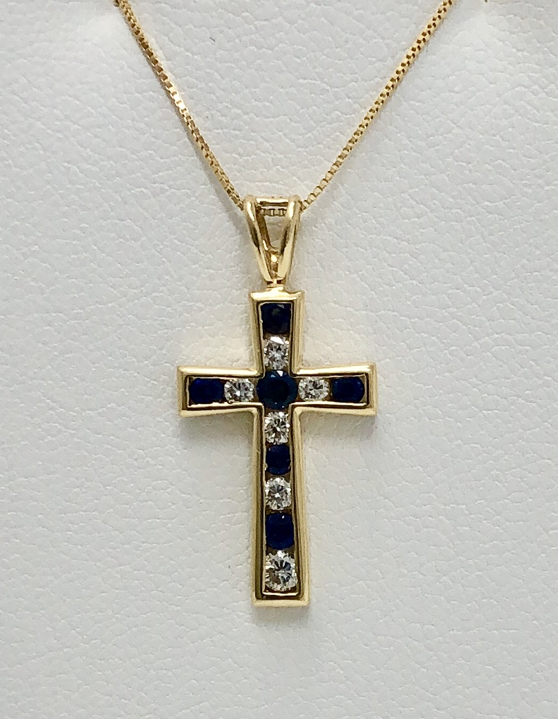 14K Yellow Gold Sapphire and Diamond Cross Necklace