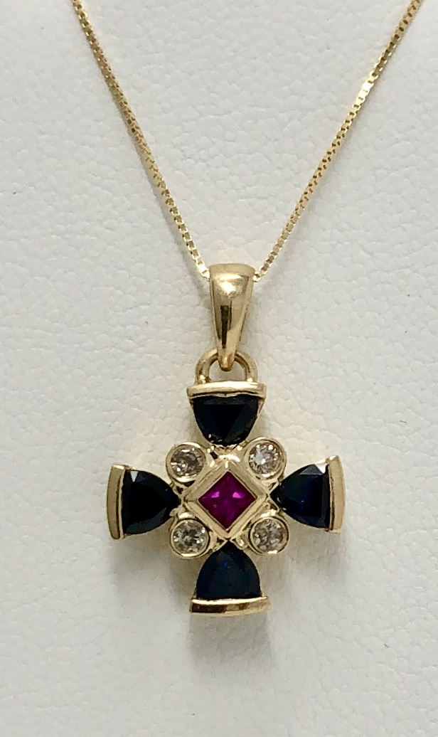 14k Yellow Gold, Sapphire, Ruby and Diamond Maltese Cross