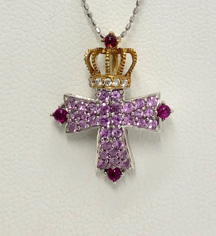 18K White & Yellow Gold Pink Sapphire, Ruby & Diamond Cross Necklace