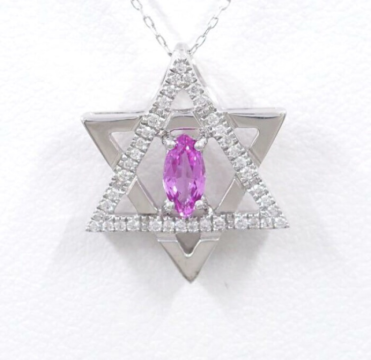 18K White Gold Pink Sapphire Diamond "Star of David" Necklace
