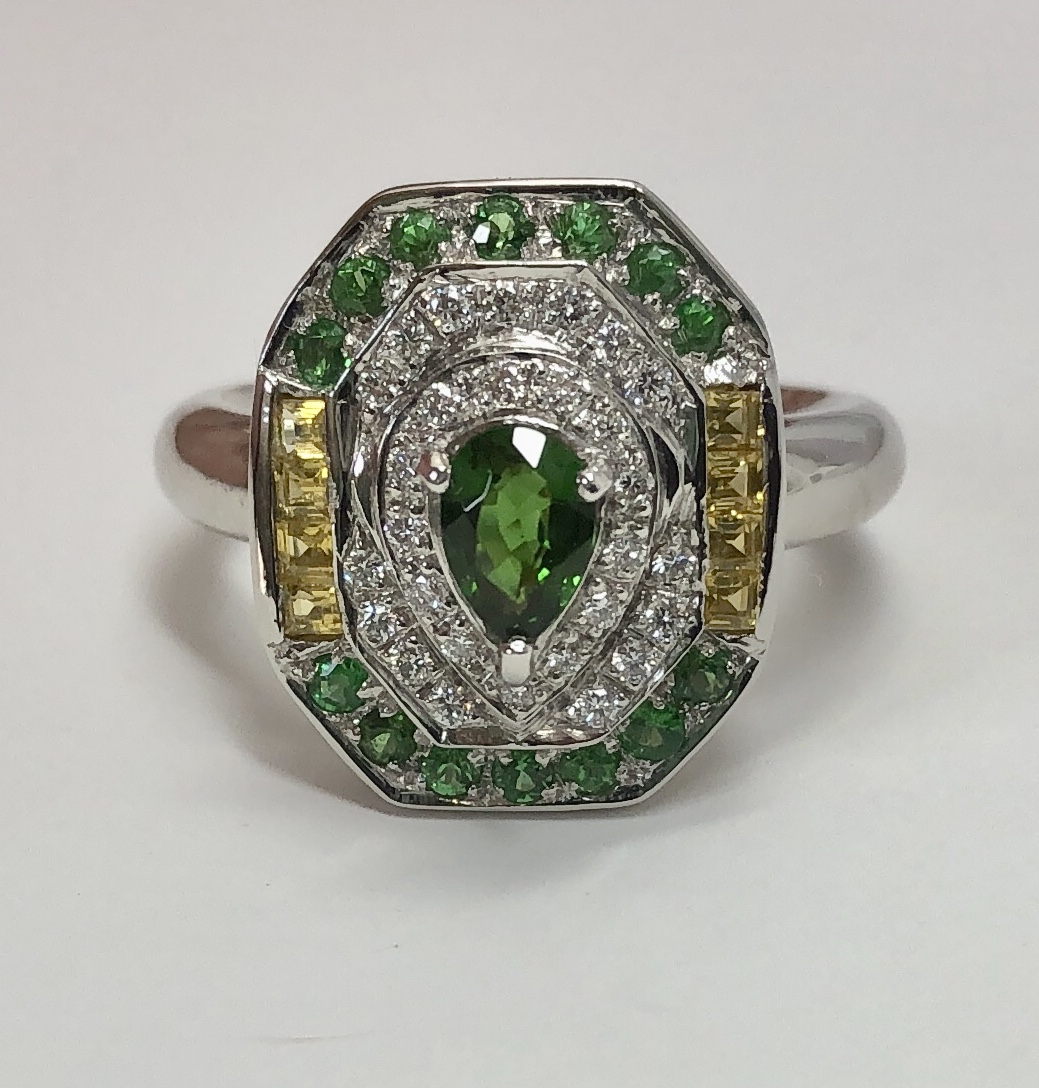 Platinum "Tsavorite" Garnet, Yellow Sapphire And Diamond Ring