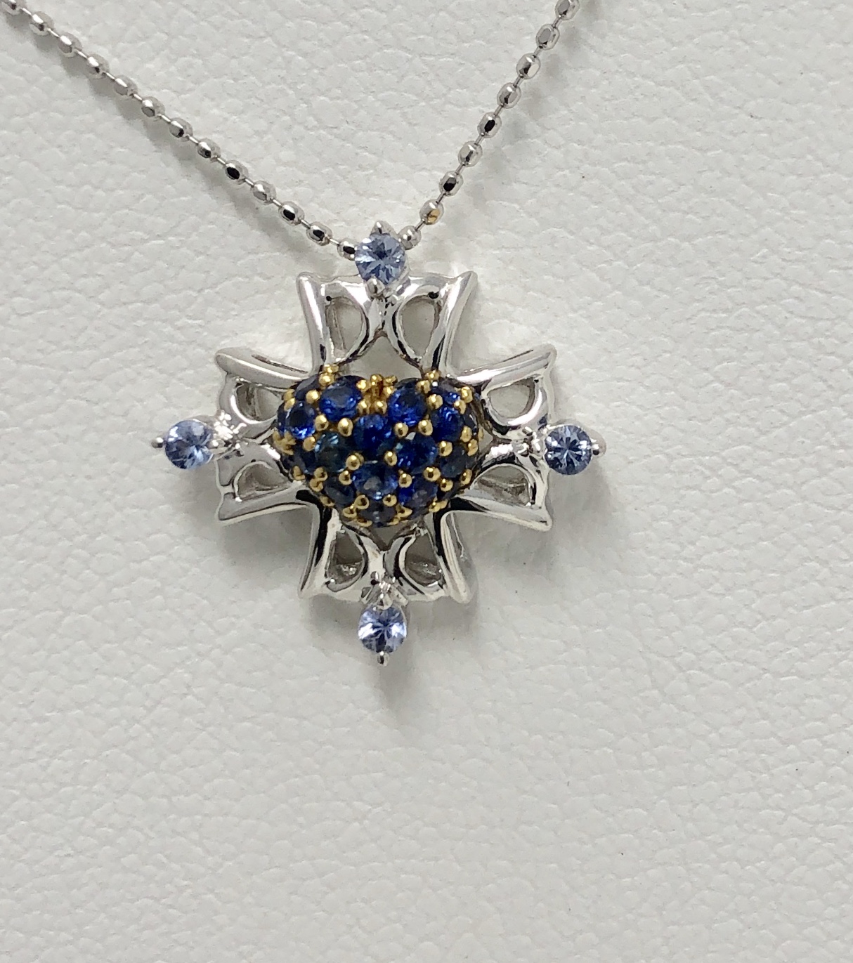 18K Yellow/White Gold Blue Sapphire Tanzanite Maltese Cross Necklace