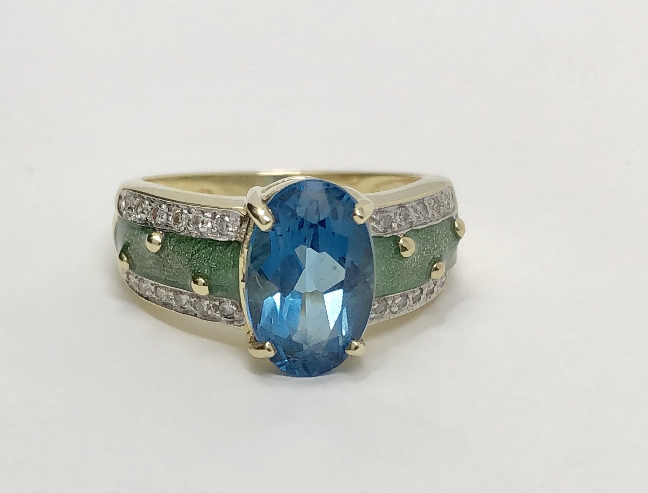 14K Yellow Gold, "London Blue" Topaz, Green Enamel, Diamond Ring