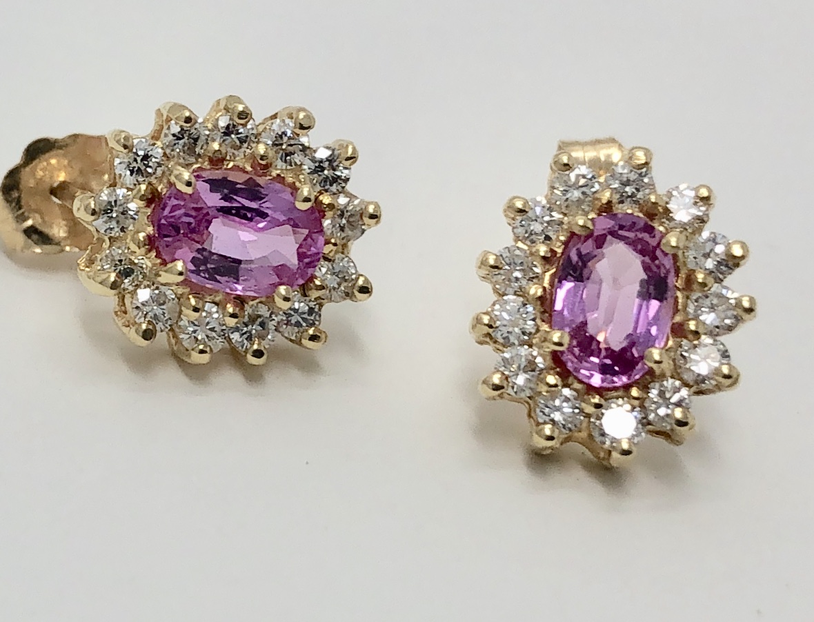 14k Yellow Gold Pink Sapphire Diamond Earrings