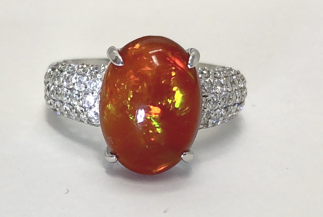Platinum Mexican Fire Opal Diamond Ring