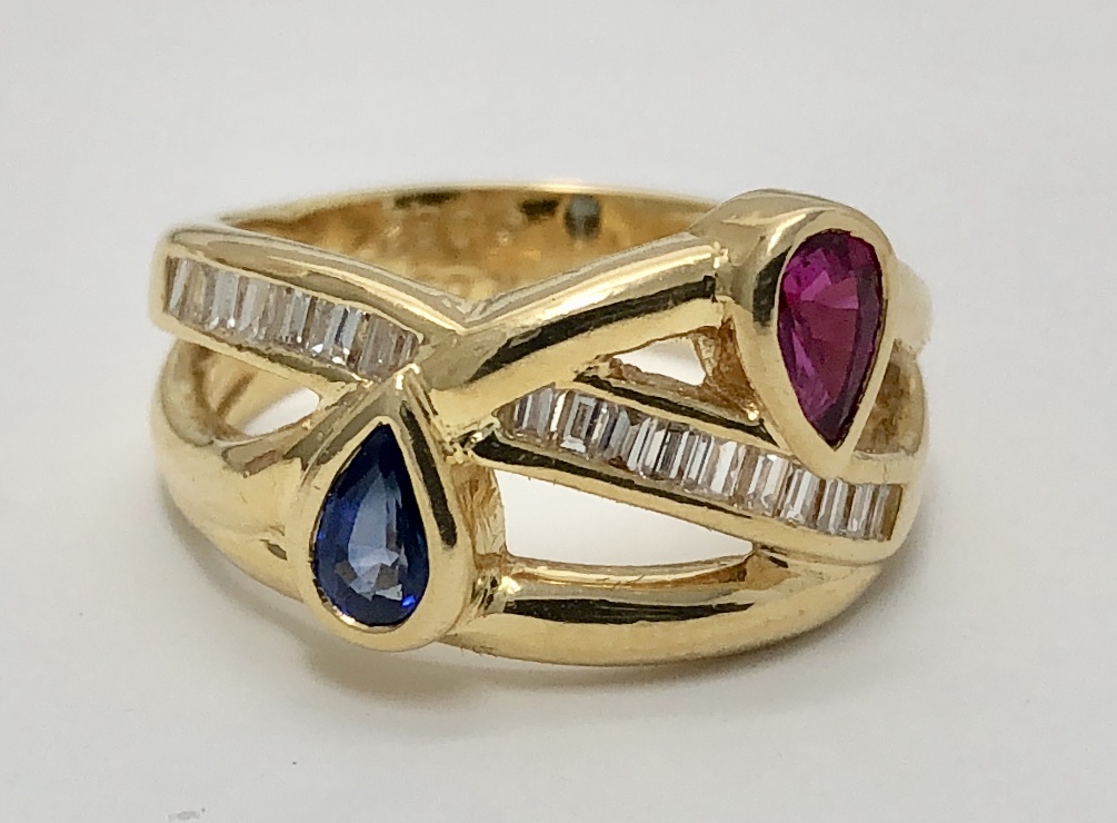 18K Yellow Gold Ruby, Sapphire Diamond Ring