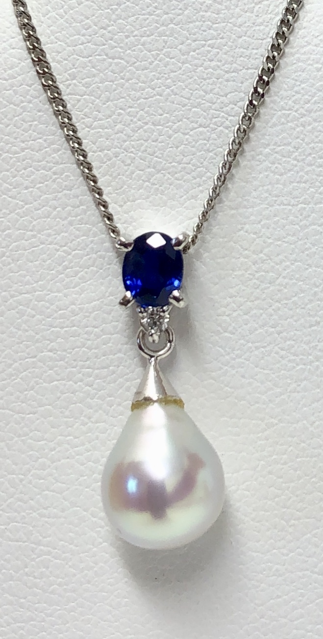 Platinum Blue Sapphire Diamond Pearl Necklace