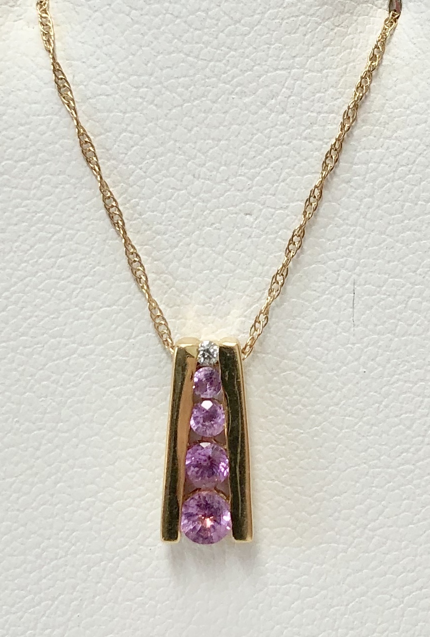 14K Yellow Gold Diamond Pink Sapphire Necklace