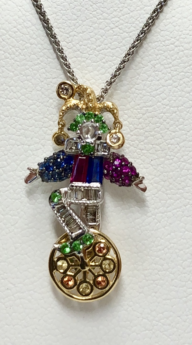 18K Yellow/White Gold Multi Gemstone "Jester on a Unicycle" Necklace