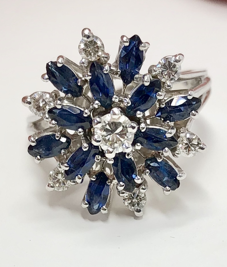 14k White Gold Blue Sapphire Diamond Ring