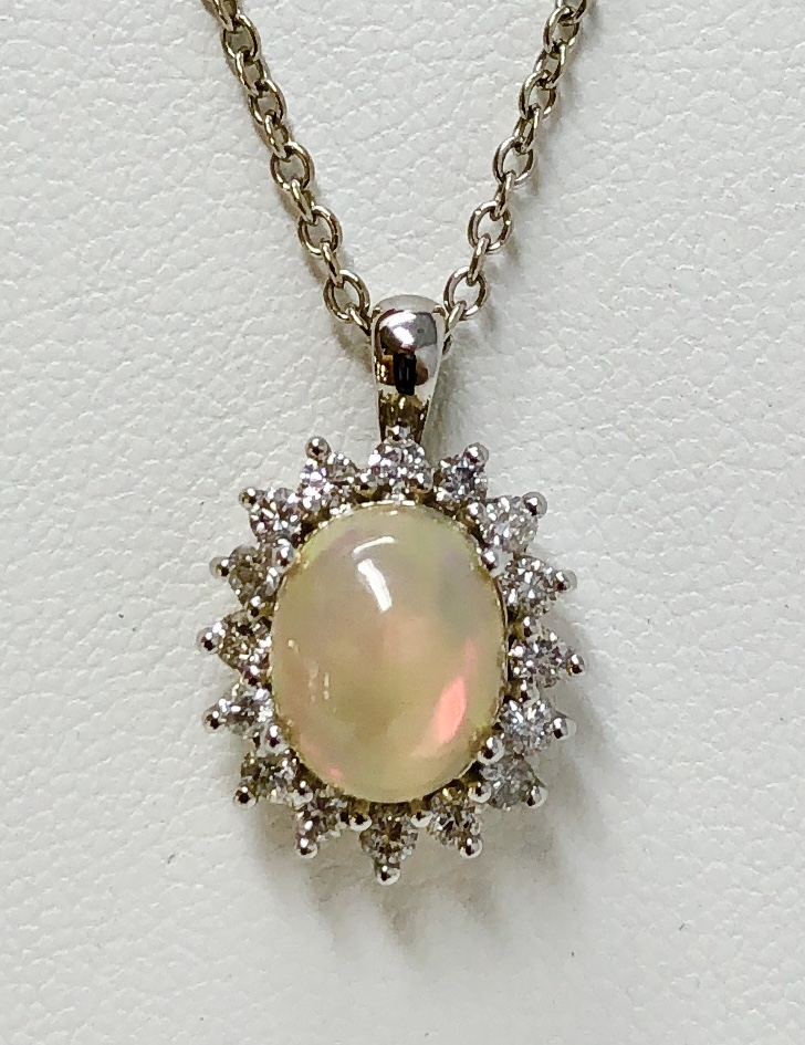 14k White Gold Opal Diamond Necklace