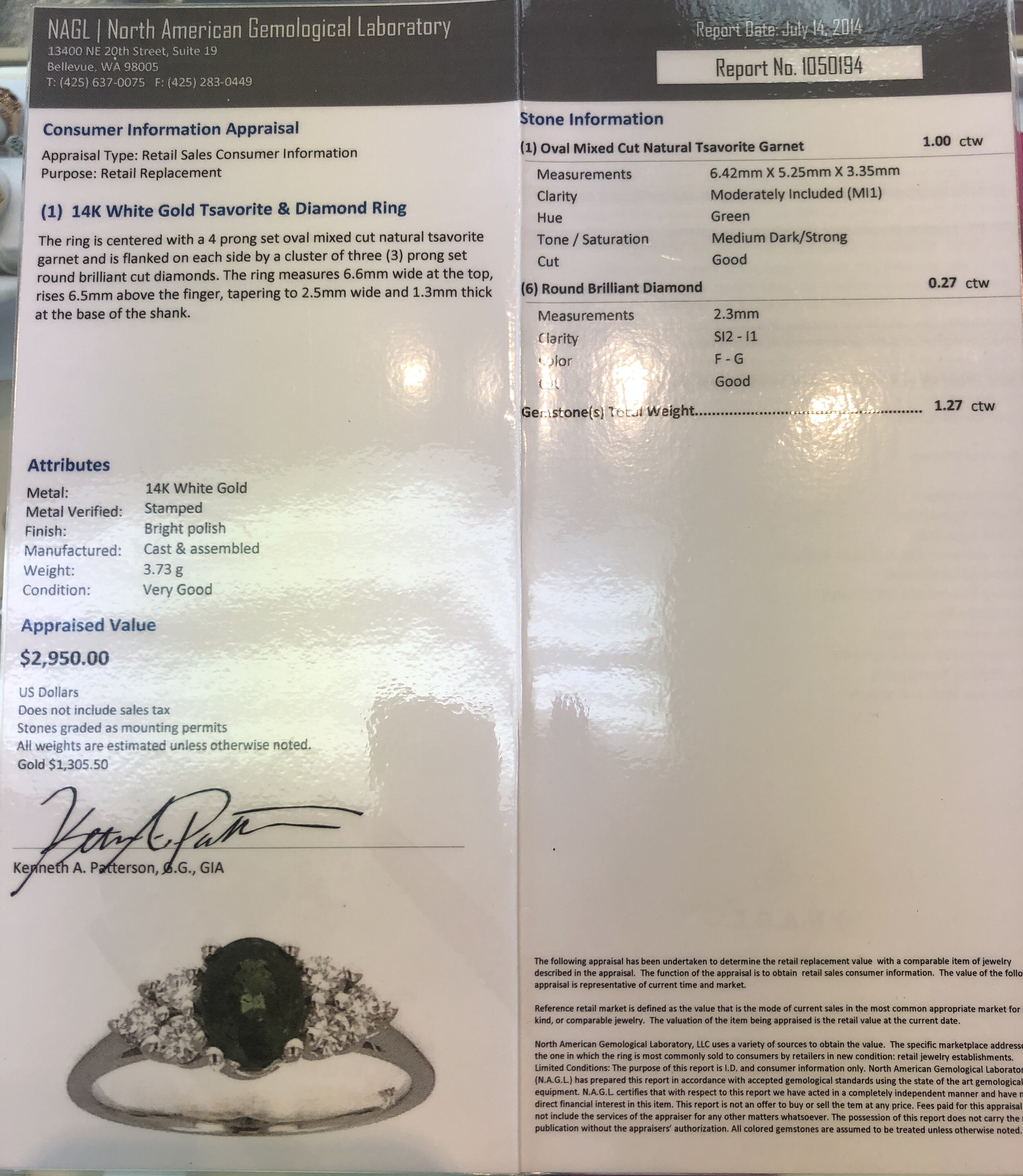 14k White Gold "Tsavorite" Garnet Diamond Ring