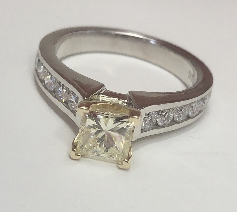 14k White Gold, GIA Certified Light Yellow Diamond Ring