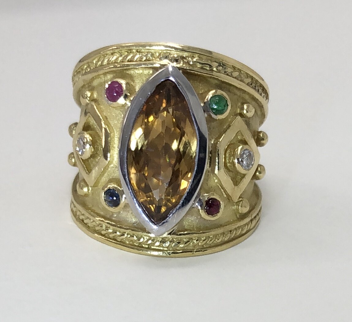 18K "Etruscan" Style Multi Stone and Diamond Ring