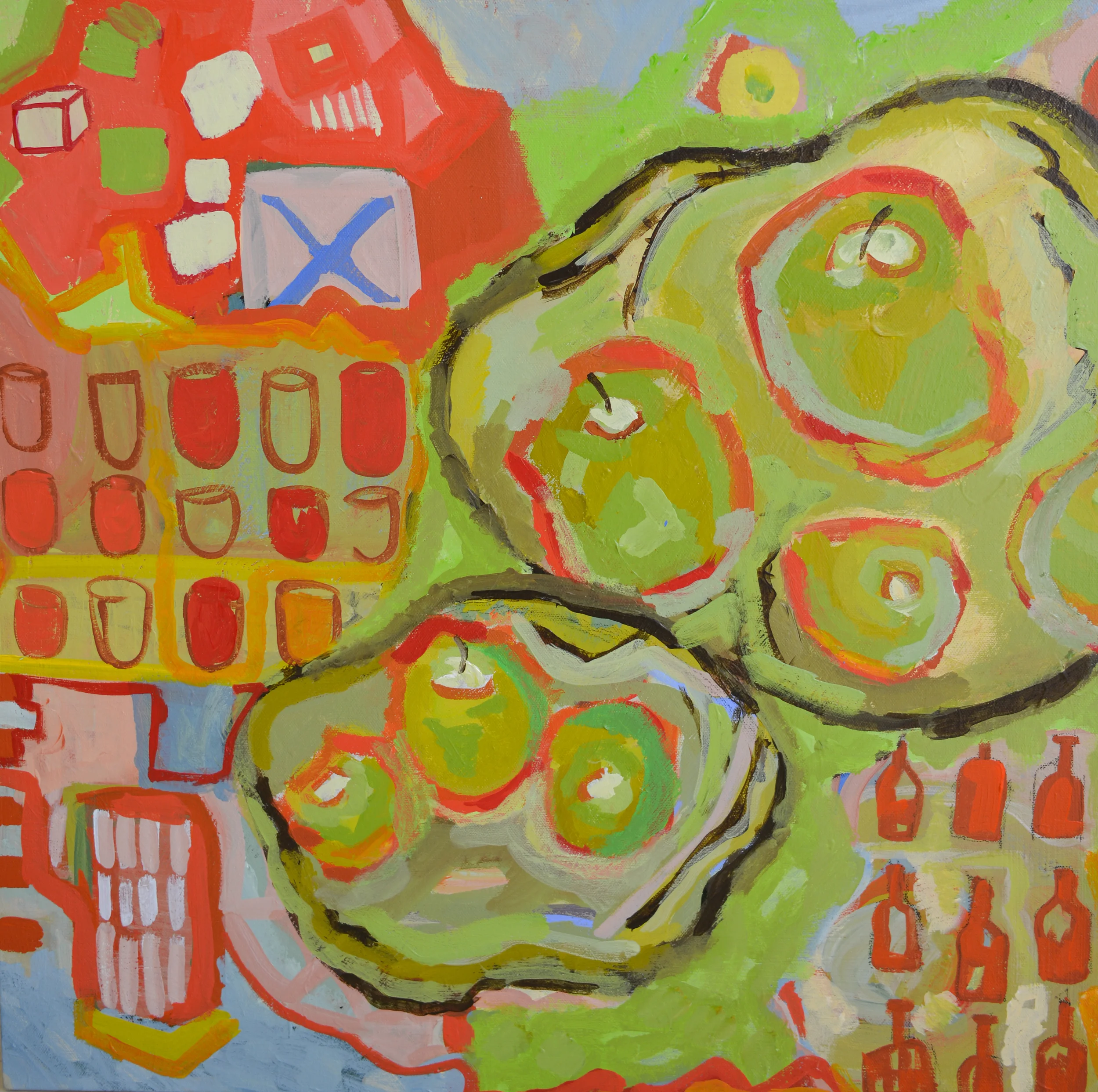 Apples with Red Jars, 2012Acrylic on canvas30" x 30"