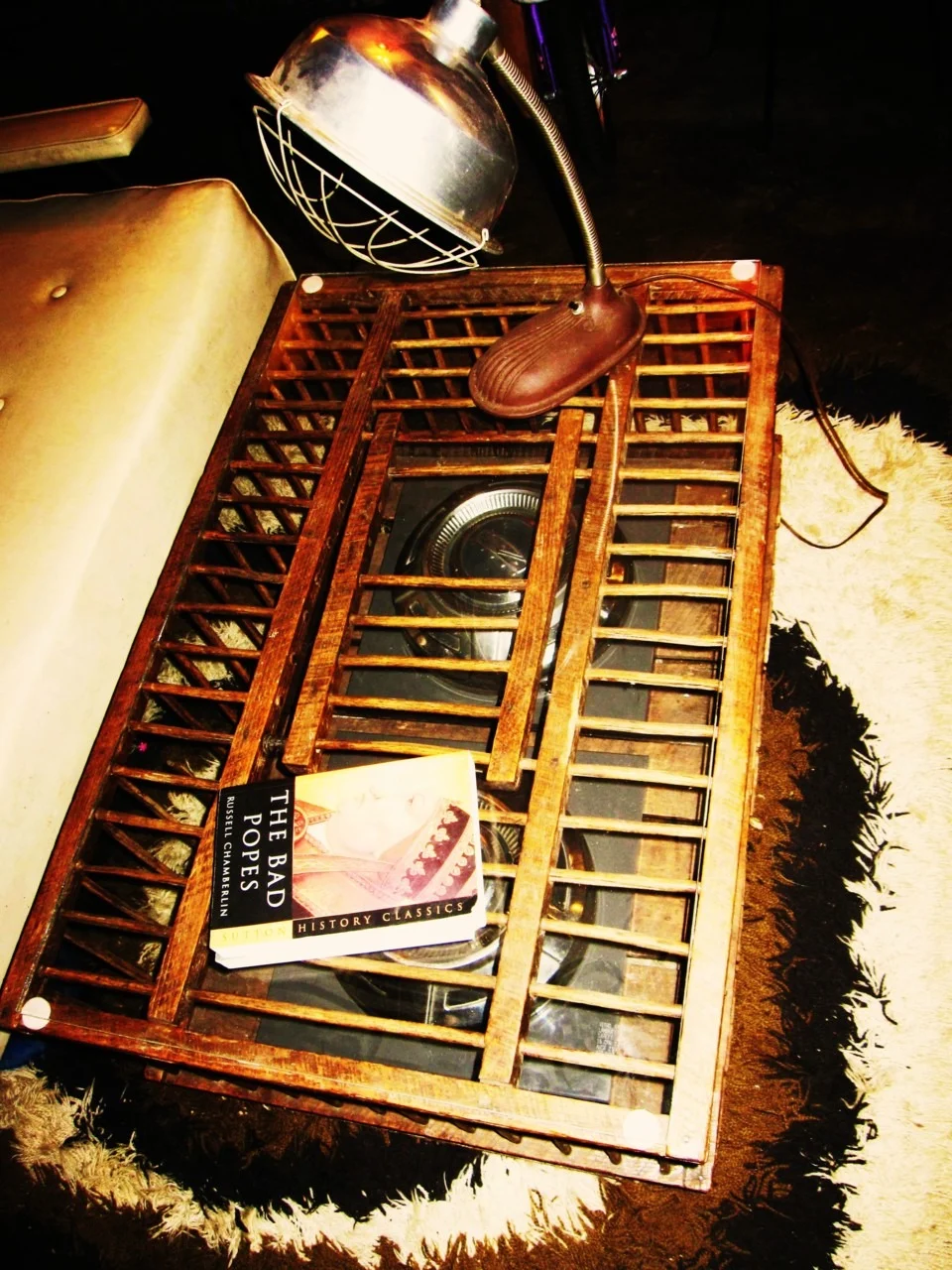 Amish chicken carrier glass-covered coffee table $280 