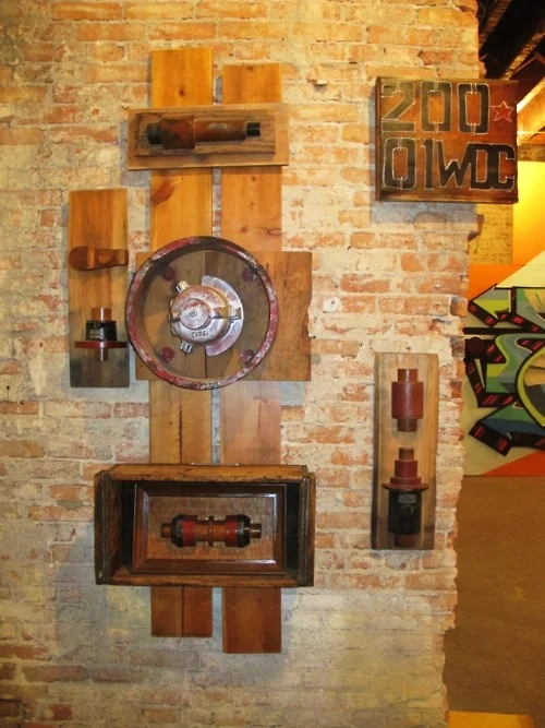 "Spare Parts" with the edge of Tim Conlon’s interactive graffiti board off to the right. (photo: Andy Zalan)