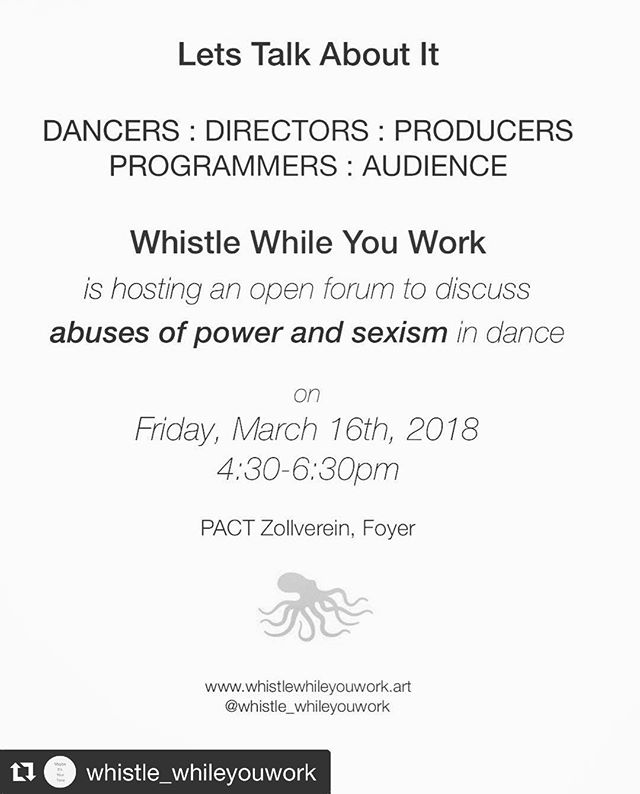 #Repost @whistle_whileyouwork with @get_repost
・・・
Join us in Essen at the TanzPlattform 2018 on Friday at @pact_zollverein! We’ll look at @opencanon / Ilse Gehkiere’s excellent work with Engagement Arts in Belgium and what @reasondetredance ‘s Kathleen Rae is doing to affect the gendered landscape tightly gripped by Canadian Dance institutions. Let’s talk about it in relation to “German dance” and see what’s up. Join us! .
.
#letstalkaboutit #tanz #tanzplattform2018 #pact #pactzollverein #germandance #dance #wwyw #womansrsly #guerillagirls @fem_im_pott #feminismusimpott #feminism #feminismus