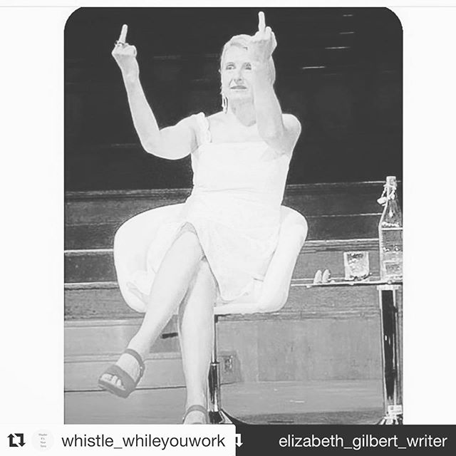 #Repost @whistle_whileyouwork with @get_repost
・・・ “Its My House and I Live Here” is a solo work with @julia.eichten doing the soloing exactly about THIS. Premiering at @tor_artspace October 24-26 in Frankfurt. Sounds by @avbvrnavbvrn . Thanks Lizzi Gilbs for this reminder.
.
#Repost @elizabeth_gilbert_writer
・・・
OK, this is my favorite picture from this entire book tour. This is a photograph of my response tonight, in London, when the moderator asked me how I feel about the romanticized idea that one must suffer in order to be creative. Just to be clear: the double fisted middle fingers that I spontaneously tossed into the air were not directed at the person asking the question. (She was lovely.) The middle fingers were directed at the IDEA that suffering and creativity are naturally linked. I’m so DONE with this idea. I’m so BORED by this tired old, played-out, life-destroying murderer of an idea (invented by pretentious, miserable Germanic, Calvinist, pain-loving men in the 19th century, by the way) that misery is the price you must pay in order to be an artist. It’s fucking bullshit. How did those guys take the most beautiful gift of humanity (imagination! a love of beauty!) and turn it into a death cult? Because they were grim, pleasure-fearing, scarcity-worshipping baby tyrants, that’s how — bless their dumb hearts. They were wrong. How many lives has this idea taken? How much Joy has this idea robbed? Truth is: Creativity is literally generative. It is literally healing. It is literally life-affirming. Creativity is literally a small scale, human-sized reproduction of the miracle of Creation itself. It is Gaia. It is renewal. It is the life force and the beauty urge. It is resurrection. It is grace. Creativity is how we connect, and how we delight ourselves, and how we process pain — not how we make our lives into an altar to misery. Creativity is play. It is not always easy, but that’s part of the wild adventure. Creativity is a gift from the divine that connects us to the source of all existence itself. It is holy. It is female. It is beautiful. F